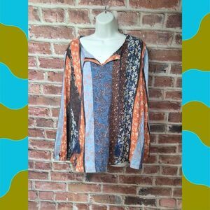 Farmers Market Boho Floral Tassel Top | Women’s 3X‎ | Orange Blue Striped